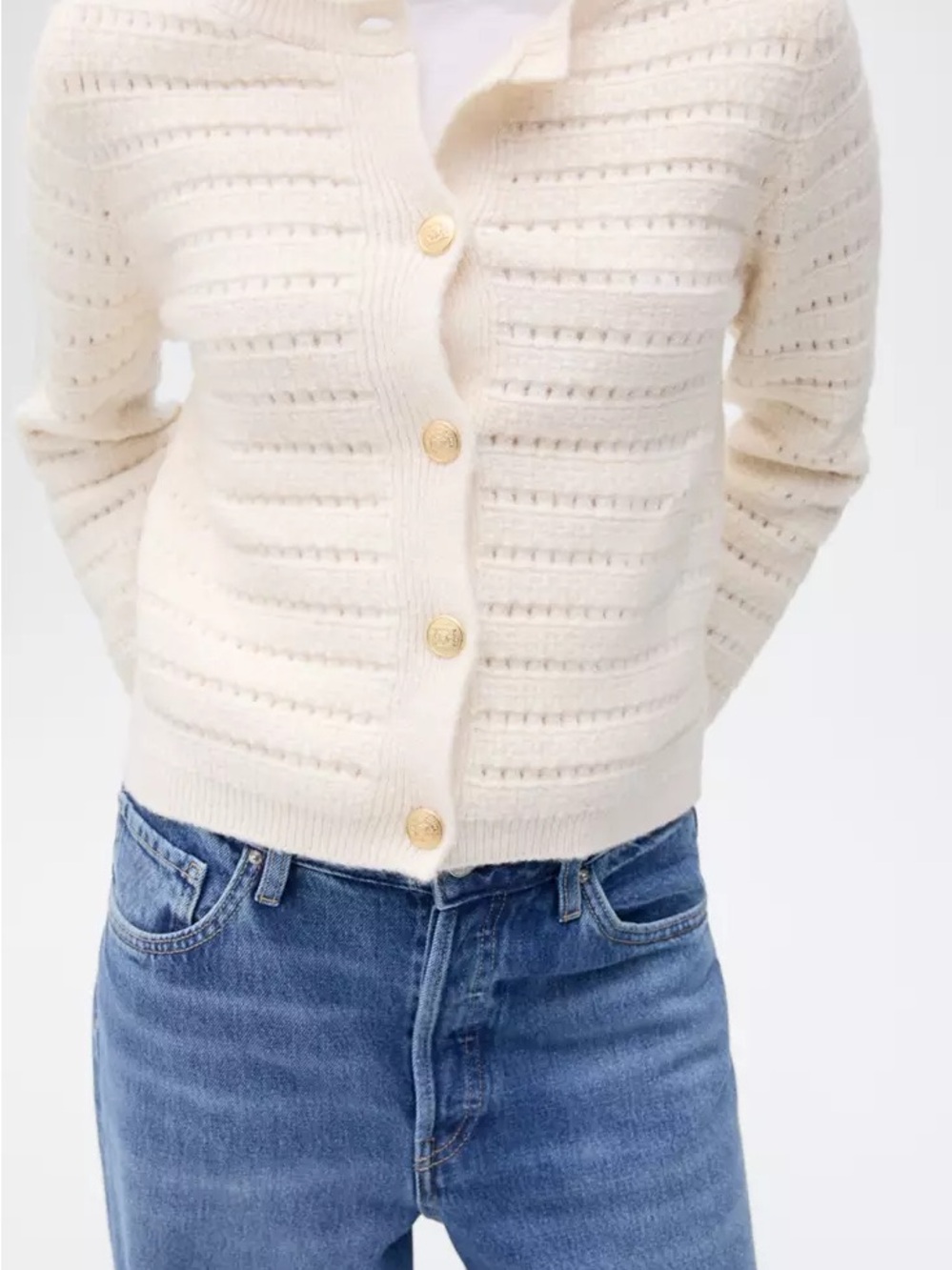 Mango Cream Openwork Knit Cardigan with Gold Buttons